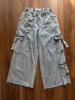 Glassons Multi-Pocket Cargo Light Wash Raw Hem Baggy Wide Leg Cropped Jeans Y2K
